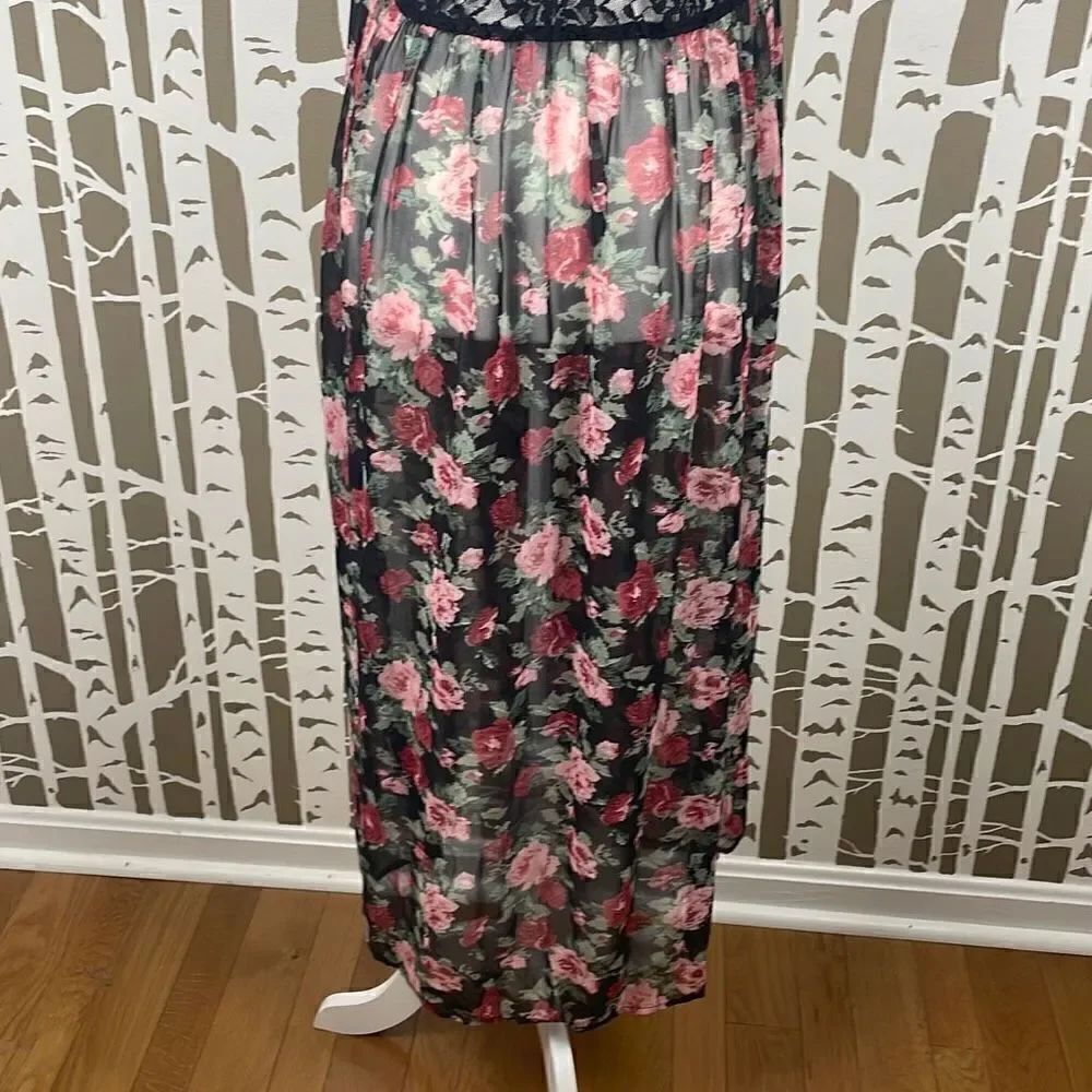 Foreign Exchange Long Sheer Rose Print Lace Back Open Front Maxi Vest Duster sz - Picture 10 of 10